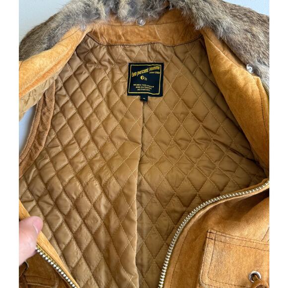 Two Percent Homme Vest Women Small Brown Pig Suede Rabbit Fur Collared Full Zip - Picture 8 of 11